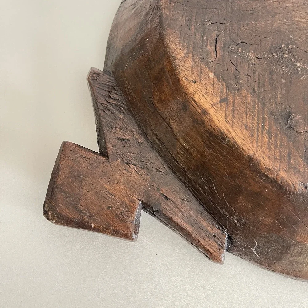 Vtg Wood Dough Bowl Rustic Hand Carved Primitive Wooden Handled Trough Knead 17